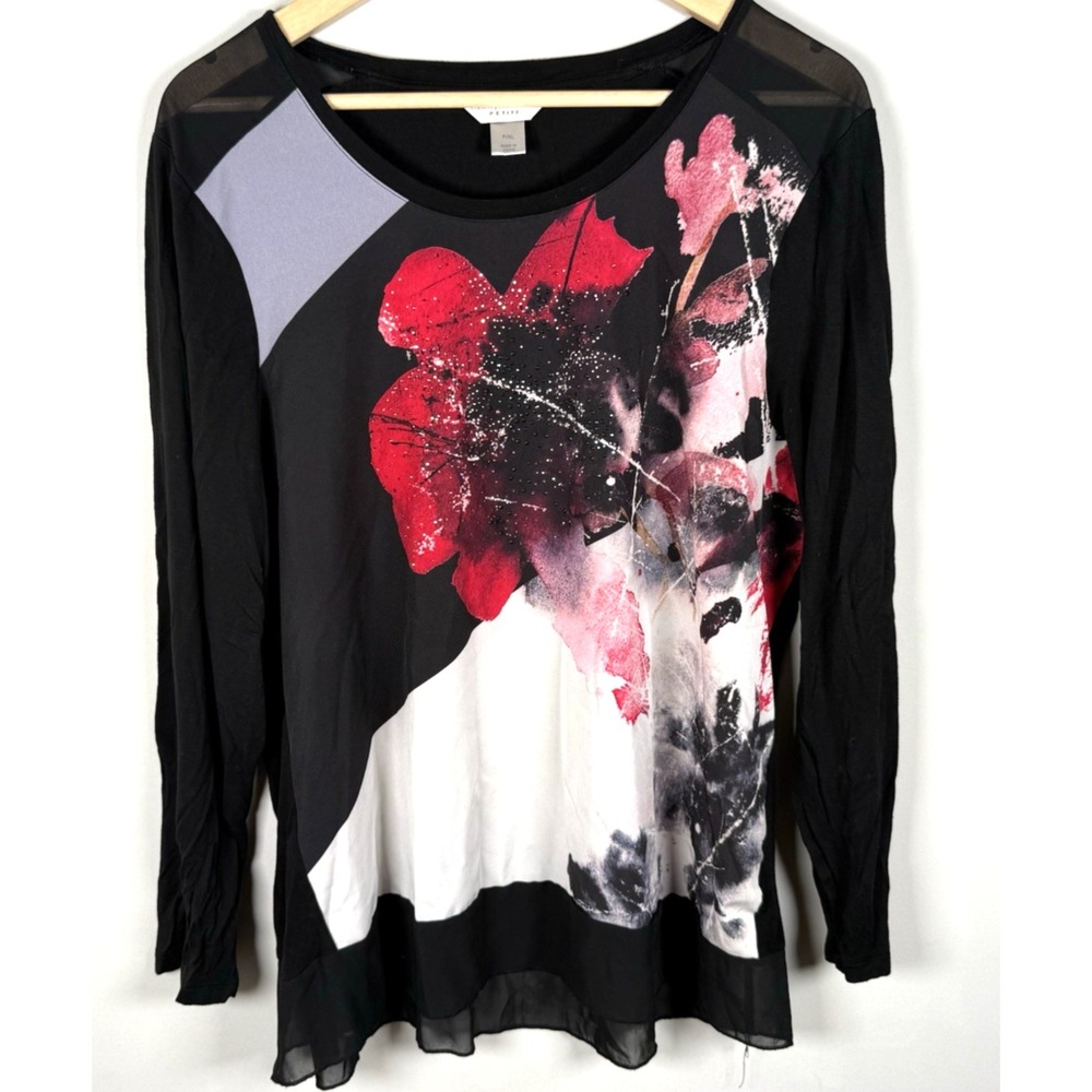 Y2K Vintage Women's Petite Size XL Tunic Top Long Sleeve Rhinestone‎ Floral